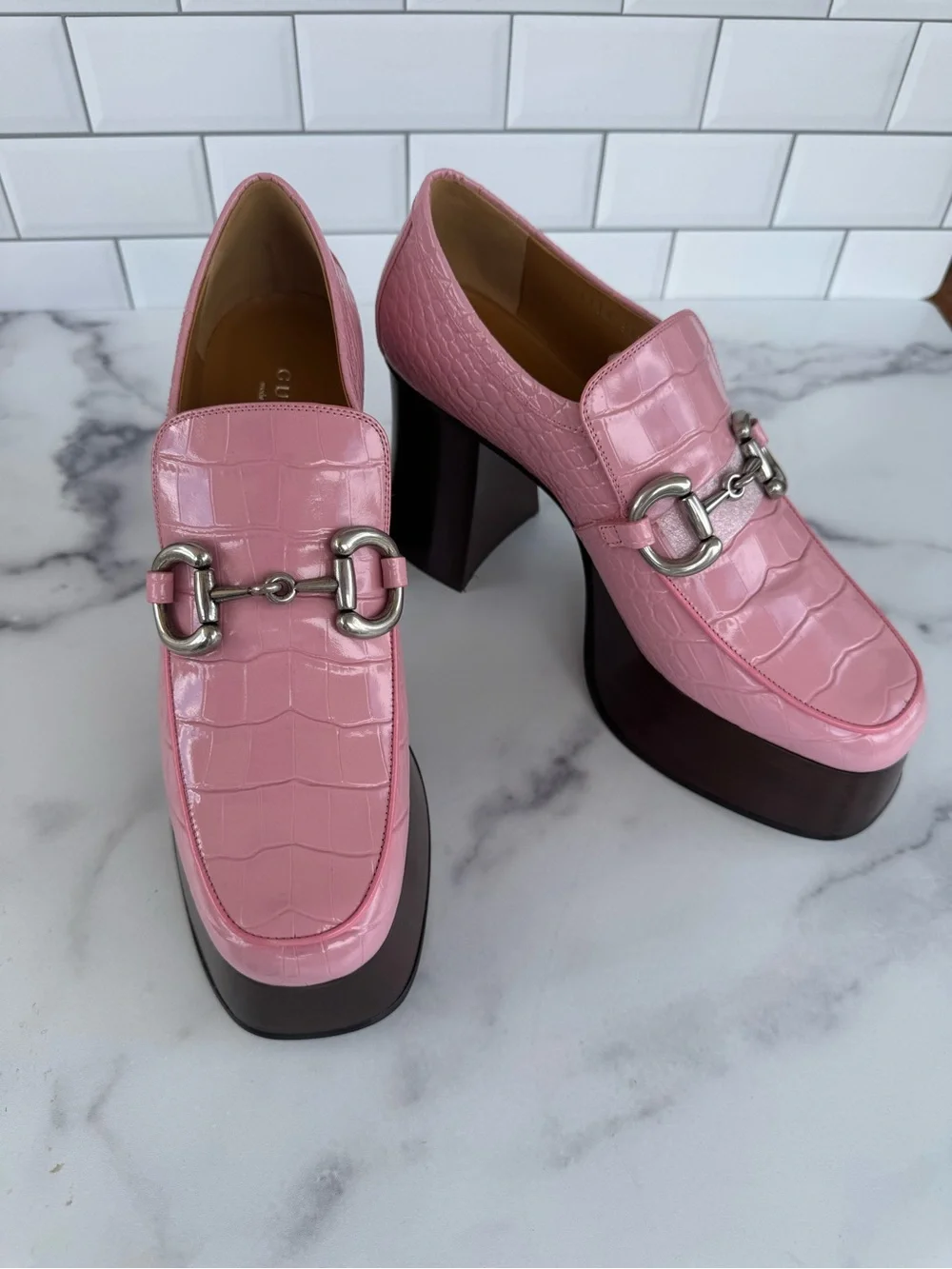 Gucci Pink Croc-Embossed Platform Loafers with Silver Horsebit